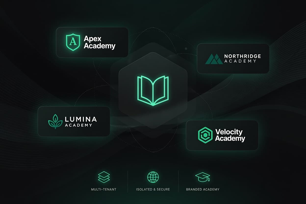 Four branded client academies connected to a central hub — multi-tenant, isolated and secure.