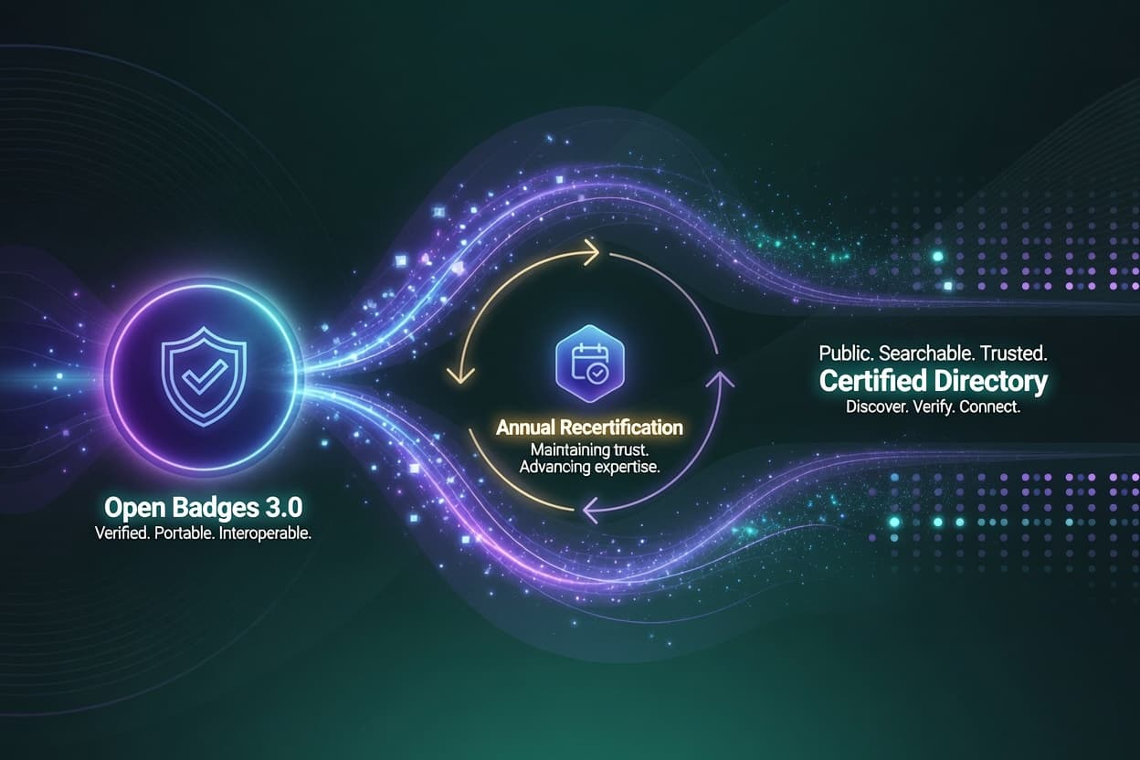 An Open Badges credential flowing through annual recertification into a public certified directory.