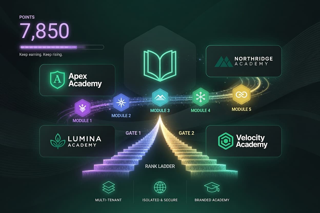 A points total, five module badges, and a two-gate rank ladder rising upward.